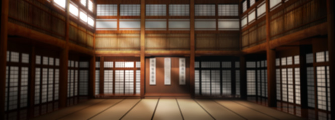 3d rendered illustration of karate dojo background. Karate school is out of focus to be used as a photographic backdrop. - obrazy, fototapety, plakaty