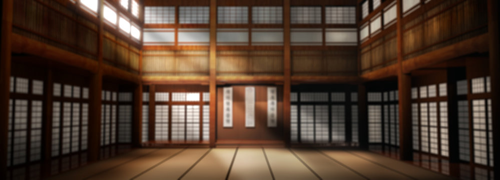 3d rendered illustration of karate dojo background. Karate school is out of focus to be used as a photographic backdrop.