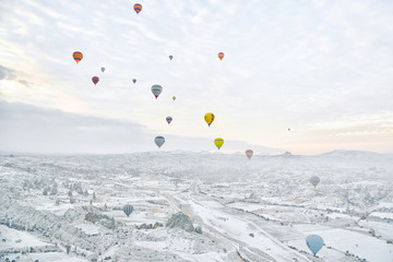 Colorful Hot Air Balloons Over Cappadocia During Winter in Turkey