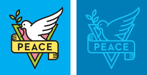Dove of Peace Logo
Vector logo or badge with bird holding branch with leaves and peace banner. Flat design with thick outline.