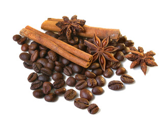 coffee beans with cinnamon sticks and anise isolated