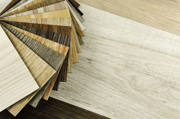 Laminate Wood Concept - Architect and home interior decorator desktop with tools, wood s