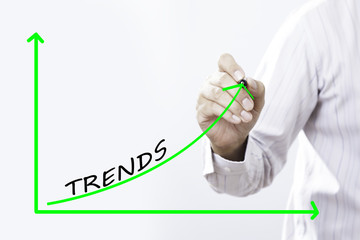 Businessman hand writing TRENDS graph  with red marker on transp