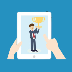 Businessman winning with the trophy cup. Winner and idea concept. flat design. vector illustration