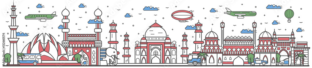 Wall mural Travel in India country banner vector illustration. Worldwide traveling concept with famous modern and ancient architectural attractions. India country landmark panorama, tourist line design poster.