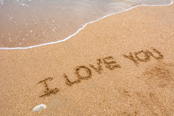 i love you written at the sand beach and on top soft wave. valentines day