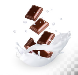 Chocolate in a milk splash on a transparent background. Vector.