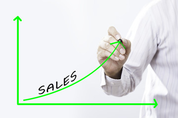 Businessman hand writing SALES graph  with red marker on transpa
