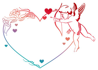 Cupid with bow hunting for hearts. Heart-shaped color gradient frame with Cupid, roses and hearts. Copy space. Raster clip art.