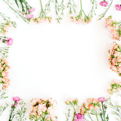 Obraz na płótnie Canvas Wildflowers frame. Flat lay, top view. Valentine's background
