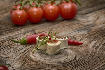 Bruschetta with roasted bell pepper, goat cheese, garlic and herbs