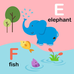 Alphabet Letter F-fish,E-elephant,illustration