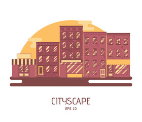 Apartment Houses and City Public Buildings. Cityscape. Flat Vect