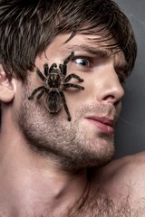 Portrait of a Young Handsome Man with Spider on His Face