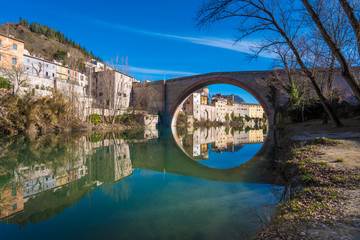 Fossombrone (Italy), a town with river bridge in Marche region 