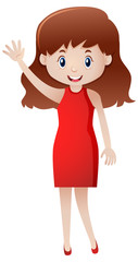 Woman in red waving hand