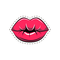 Female lips. Mouth with a kiss, smile, tongue, teeth. Vector comic illustration in pop art retro style isolated on white