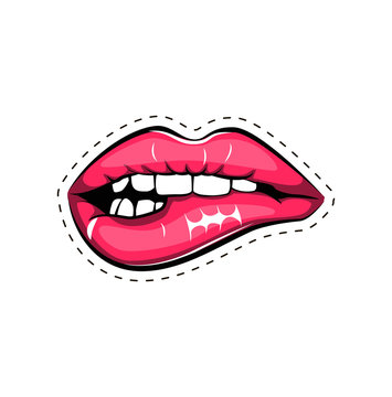 Female lips. Mouth with a kiss, smile, tongue, teeth. Vector comic illustration in pop art retro style isolated on white