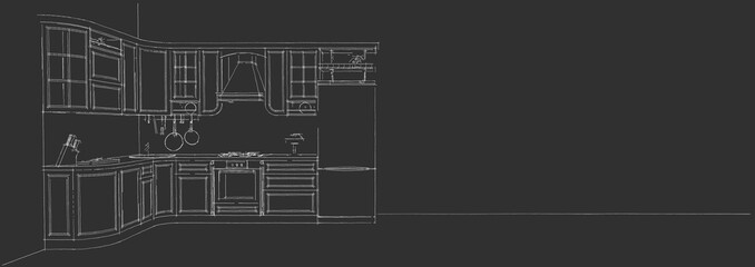 Sketch drawing of classic kitchen 3d on long black background