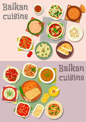 Balkan cuisine dinner dishes with pies icon set