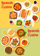 Spanish cuisine seafood and meat dishes icon set