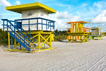 Fototapeta na wymiar Art Deco Lifeguard Stands Multiple Colors Miami Beach, Florida