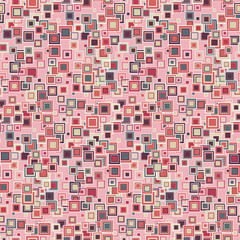 Geometric seamless pattern. The squares of different sizes and colors arranged on a pink background. Useful as design element for texture, pattern and artistic compositions.