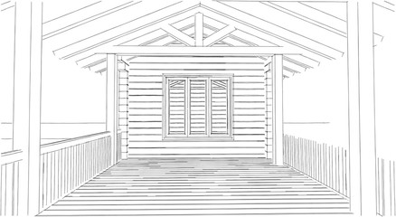 Wooden log house monochrome sketch 