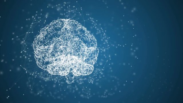 Human brain being formed by particles. Plexus structure evolving around. 3D render