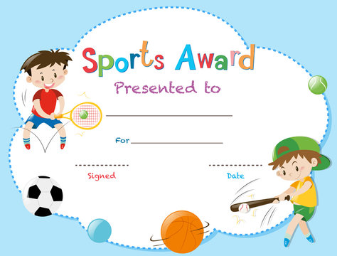 Certificate template with two boys playing sports