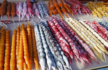 Churchkhela sucrose. Georgian sweets. East market. National Food.