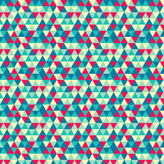 Seamless geometric pattern with mint, yellow, red. Blue and green triangles. 
