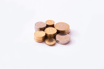 Kazakhstan tenge coins.
Closeup of a collection of Kazakhstan Tenge coins on white background.