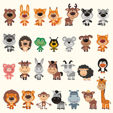 Big set different funny animals. Vector collection isolated animals in cartoon style. 