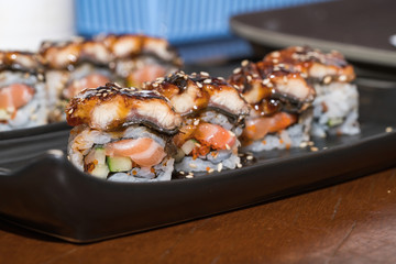 Japanese Unagi Maki Sushi with Foiegras and Mango (Eel Roll)
