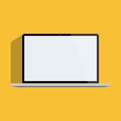 Laptop blank screen on yellow background. Flat design. Long shadow. Vector illustration.
