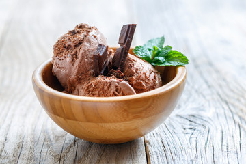 Homemade chocolate ice cream and mint in a bowl.