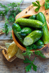 Bowl with crunchy pickled cucumbers and dill.