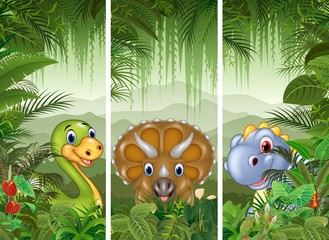 Set of dinosaur with tropical forest background
