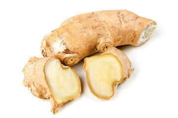 Sliced ginger root with a heart shape isolated on a white background