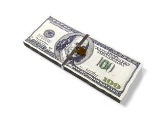 isolated on a white background pack dollars closed lock, the concept of the safe storage  funds, 3d render