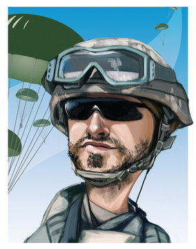 Funny hand drawn illustration cartoon. United States paratrooper airborne infantryman smiling face. Parachutes on background