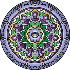 Drawing of a floral mandala in gold, green and violet  colors on a white background. Hand drawn tribal  vector stock illustration