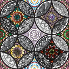 Colorful floral seamless patchwork  pattern with mandala in boho chic style, in portuguese and moroccan motif