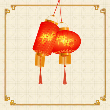 A set of orange-red Chinese lanterns with cherry pattern. Round and cylindrical shape. Shot on paper texture background. illustration