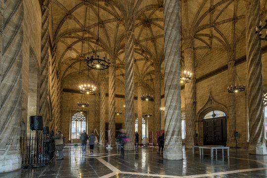 Beautiful view of the interior of the famous Lonja de la Seda, Valencia, Spain