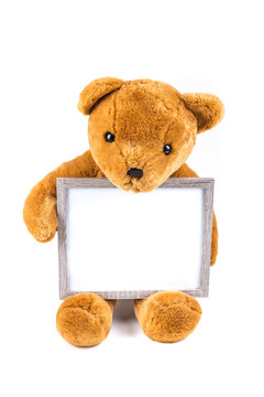 Brown fuzzy teddy bear holding a grey frame isolated on a white background