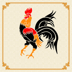 Stylized red rooster on the background of the ornament in the Chinese style. Year fire rooster. illustration