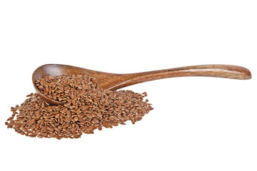 Flax seeds in wooden spoon isolated on white background
