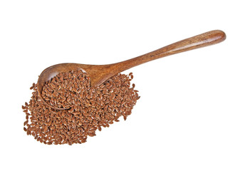 Flax seeds in wooden spoon isolated on white background